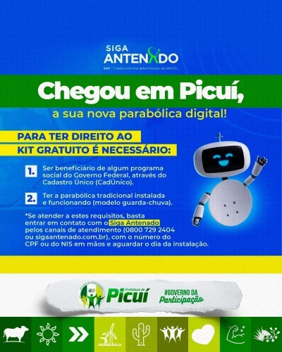 Programa Siga Antenado chegou em Picuí: Famílias já podem fazer o agendamento para receber gratuitamente a nova parabólica digital